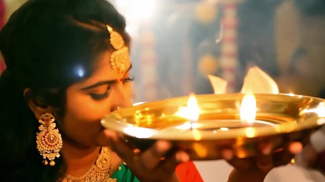 Beautiful indian bride holding aarti diya, traditional ceremony