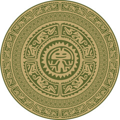Native American vector round gold with green pattern. Geometric shapes in a circle. National ornament of the peoples of America, Maya, Aztecs, Incas