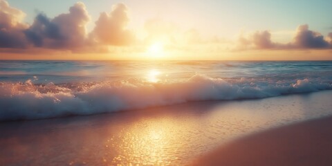 Obraz premium Peaceful Sunrise Over a Serene Ocean with Gentle Waves and Pastel Sky Reflections on a Sandy Beach