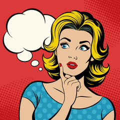 thinking pop art-woman thinking woman in pop art  vector illustration