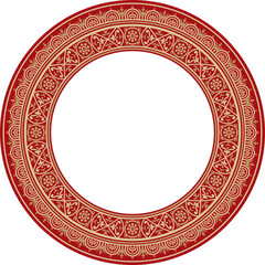 Vector round gold with red border, frame, Pompeii ring. Circle Neopolitan ornament. Art of Ancient Rome