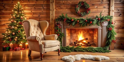 cozy cream colored velvet armchair nestled beside crackling fireplace mantle adorned with evergreen garland and merry holly berries in rustic cabin