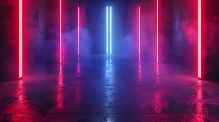 Pulsating Neon Lights in Futuristic Dark Studio Background for Product Display