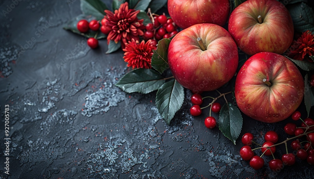 Sticker apples, wild cherry-plums, red berries and beautiful autumn flowers