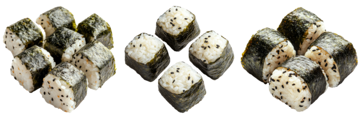 Rice balls wrapped in seaweed arranged in various forms isolated on transparent background