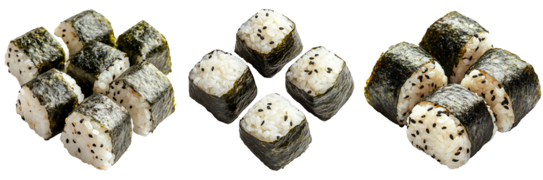 Rice balls wrapped in seaweed arranged in various forms isolated on transparent background - Powered by Adobe