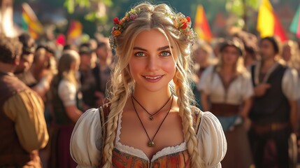 A Group of People in Traditional German Costumes Celebrating German Unity Day, with Women in Dirndls Gathered in a Festive Outdoor Setting Adorned with German Flags and Decorations, Bright and Joyful 