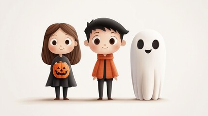 Fototapeta premium Cute Halloween Characters: Girl with Pumpkin, Boy in Scarf, and Friendly Ghost, Set Against a Soft White Background