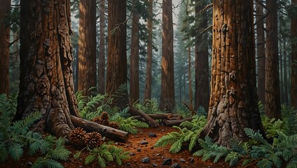 Obraz premium A painting capturing the textures and patterns of pinecones scattered beneath a towering redwood forest ai_generated