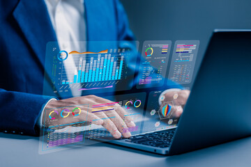 Analytics business concept. Analyst use laptop analyzing sales data and financial growth graph chart report. database, analysis data plans, business analysis, marketing plan, strategy and solution.