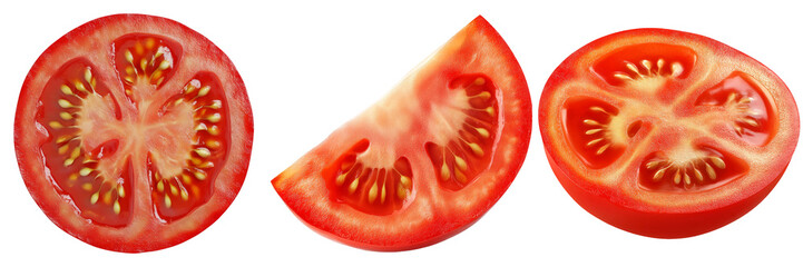 Red ripe tomato sliced in different ways isolated on transparent background