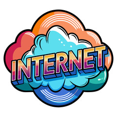 Colorful Comic Book Style Internet Word with Clouds