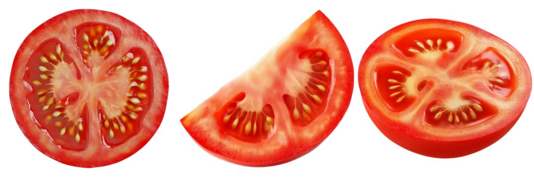 Red ripe tomato sliced in different ways isolated on transparent background
