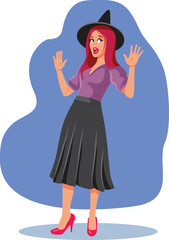 Scared Halloween Witch Feeling Fearful Vector Cartoon Character. Stressed girl being fearful experiencing panic 
