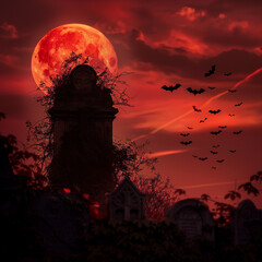 Fototapeta premium an immense full moon in a cloudy nighttime sky, a swarm of bats takes flight from the crumbling crypt and tilted, ivy-entangled headstones in the foreground of a long-abandoned village graveyard