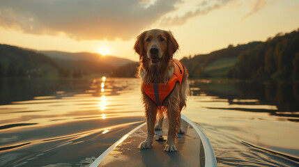 Stand up Paddle Board, SUP. Golden Retriever paddleboarding on a serene lake at sunset, wearing a life jacket, with golden hour reflections shimmering on the water. Image made using Generative AI.