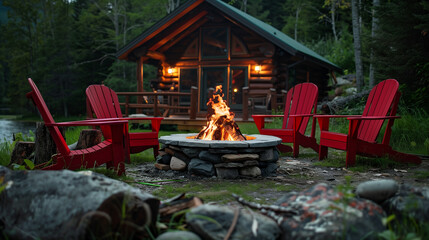 Cozy log cabin with a stone fire pit surrounded by red Adirondack chairs, set against a tranquil forest backdrop. A perfect evening retreat in nature. Image made using Generative AI