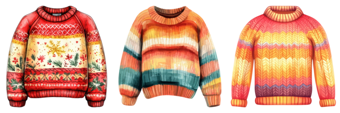 Colorful knitted sweaters with vibrant patterns in a row isolated on transparent background - Powered by Adobe