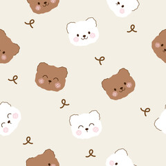 cute  white and brown  teddy bear  heads  seamless pattern