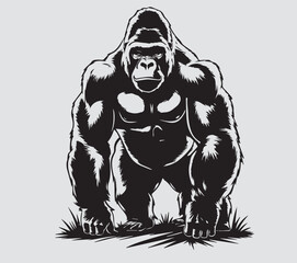  A powerful and detailed black vector illustration of a full-body gorilla.