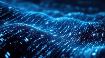 A close up of a blue and green glowing microscopic structure with an intricate weaving pattern.