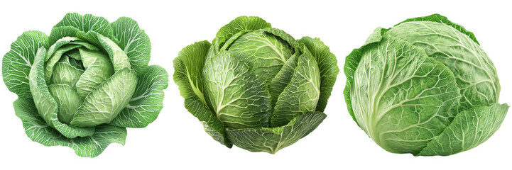 Obraz premium Fresh green cabbage heads in various angles isolated on transparent background