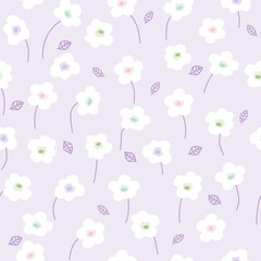 blooming white flowers with purple leaves seamless pattern on lilac background , vector illustration