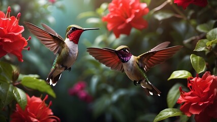 Naklejka premium In a lush garden, a tiny hummingbird flits beside a stunning, crimson bloom, its wings beating rapidly as it hovers in mid-air.
