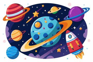 A colorful illustration of a rocket flying through space with planets and stars.