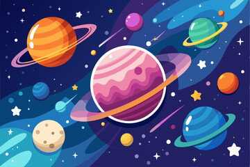 Colorful Planets and Stars in a Dark Blue Galaxy