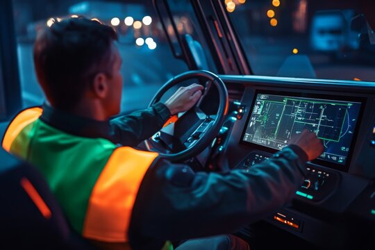 Truck Driver Navigating with Advanced Technology