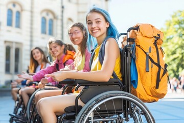 Obraz premium Group of Young Friends on an Adventure with One in a Wheelchair