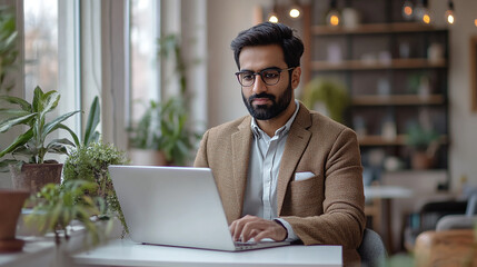 Obraz premium A focused Indian man, sitting at a desk in a contemporary workspace, carefully reading through a contract on his laptop, with data charts and documents around him.