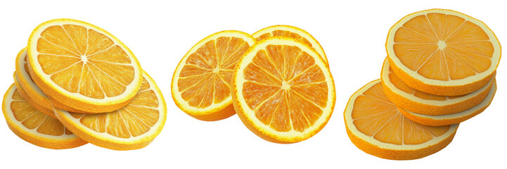 Slices of fresh oranges in various arrangements isolated on transparent background