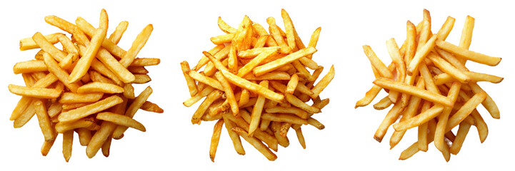 Crispy french fries in various portions isolated on transparent background