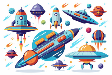 Cartoon Spaceships, Rockets, Planets, and Stars in Space