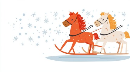 Fototapeta premium Illustration of Two Rocking Horses with Snowflakes on a White Background - Winter Holiday Theme