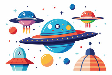 Colorful Cartoon Spacecraft, Planets, and Stars