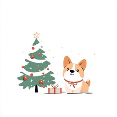 Cute Corgi Puppy with Christmas Tree and Gift Box - Festive Holiday Illustration
