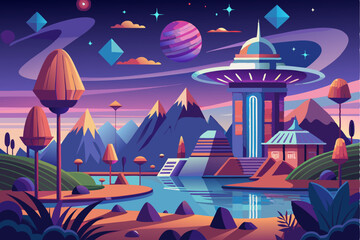 Futuristic Cityscape with Vibrant Colors and Alien Structures
