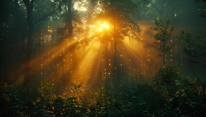 Fototapeta premium sun shining through trees in a forest. 