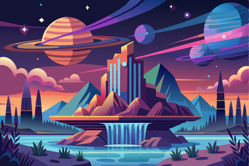 Futuristic Landscape with Waterfall and Planets