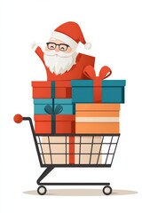 Santa Claus in Shopping Cart with Colorful Gift Boxes - Festive Holiday Illustration for Christmas Celebrations