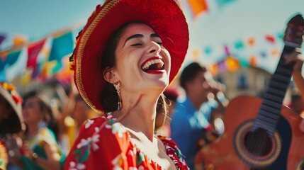 Spanish Descendants Cultural Heritage Celebration, Traditional Month, Vibrant Costumes, Joyous Expressions, Festive Backdrop