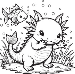 Adorable Cartoon Dragon and Fish: Whimsical Underwater Illustration for Kids