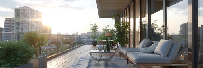 Fototapeta premium Modern Balcony with City View and Sunset