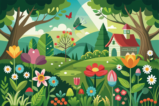 A Colorful Cottage Nestled in a Lush Garden with Blooming Flowers and a Butterfly