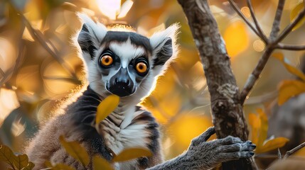 A close-up of a ring-tailed lemur with large, golden eyes, sitting on a tree branch with a soft, blurred background of yellow leaves and branches.