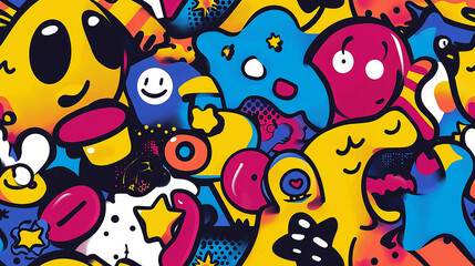 Vibrant and bold abstract doodle pattern with a mix of colorful shapes and characters, giving a fun and energetic vibe. Ideal for youthful and creative designs.
