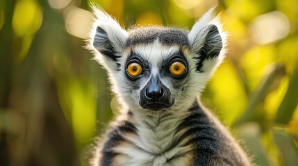 Obraz premium A ring-tailed lemur with large, bright yellow eyes stares intensely at the camera in a close-up shot. Its black nose and white fur contrast sharply against the green foliage.